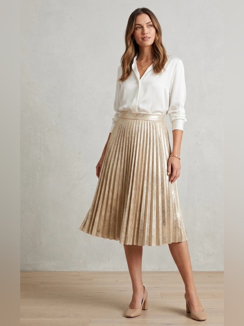 Zara Metallic Gold Pleated Midi Skirt